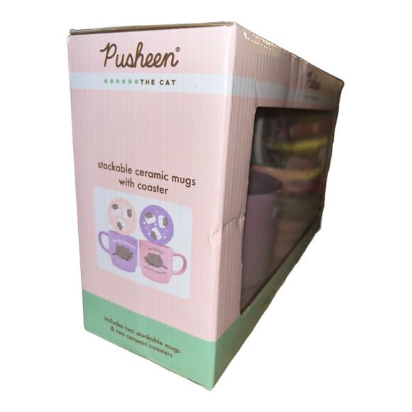 Pusheen The Cat Set of Stackable Ceramic Mugs with Coasters Gift Set Pink Green - Picture 3 of 5